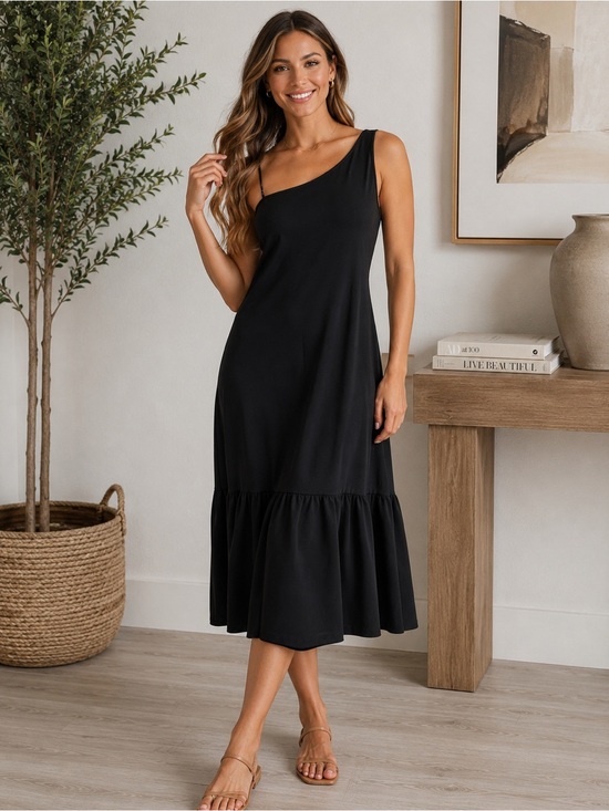 Banana Republic Dresses & Skirts - Banana Republic Black One Shoulder Ruffle Knit Midi Dress - Size Small